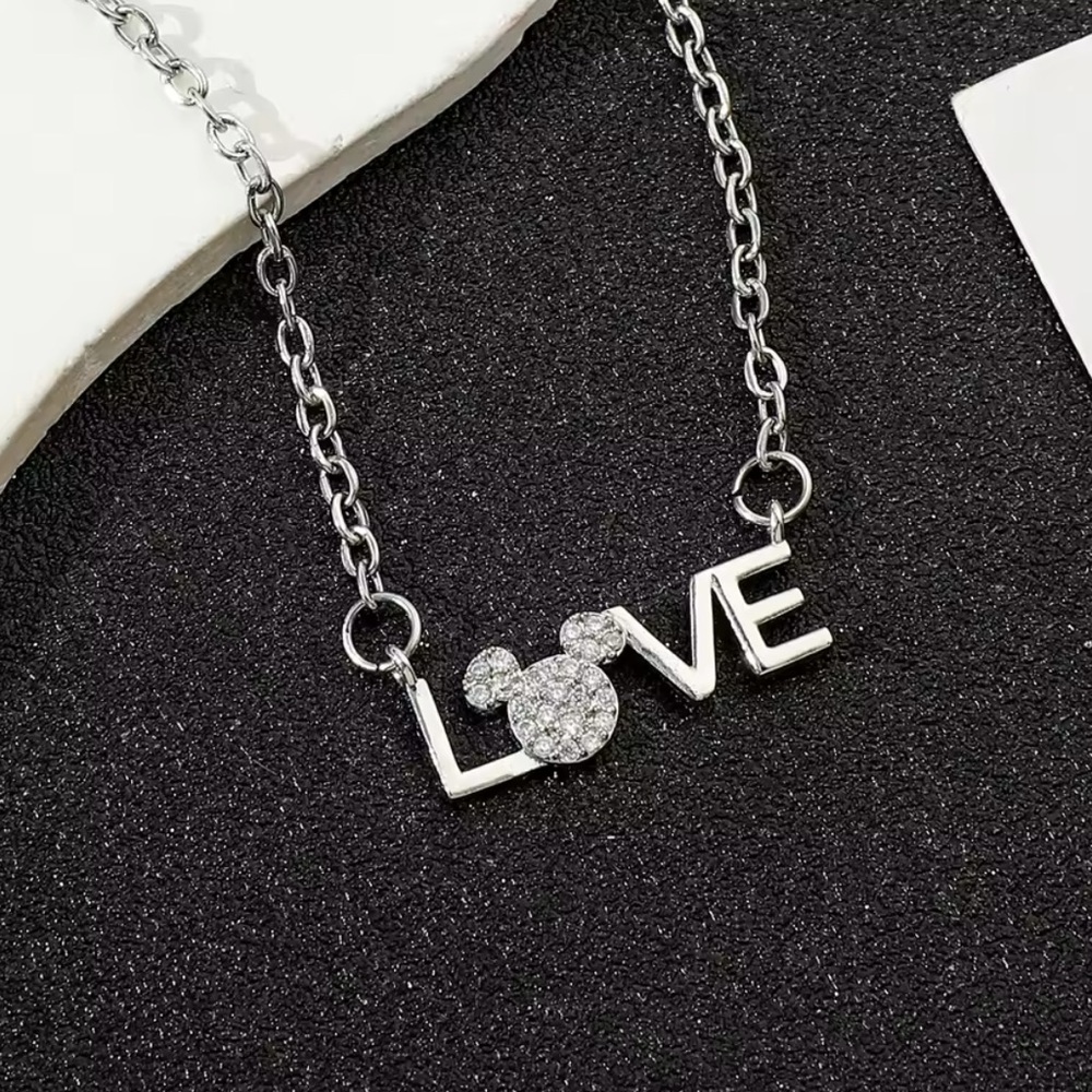 Sterling Silver Cubic Zirconia Love Mickey Mouse Necklace